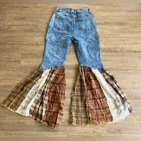 Brown and Blue Flare Wide Leg Jeans with Patchwork Design - Picture 2 of 2